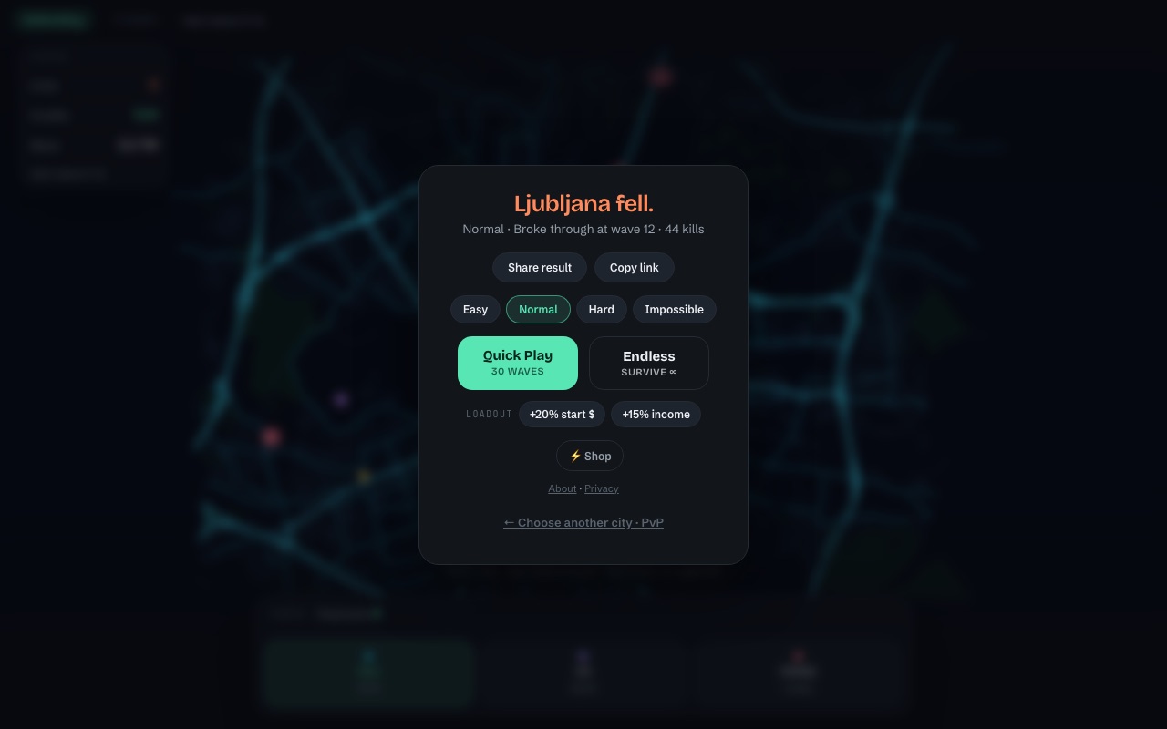 The GEO-DEF solo end screen reading Ljubljana fell, with the wave reached, kill count, and share buttons.