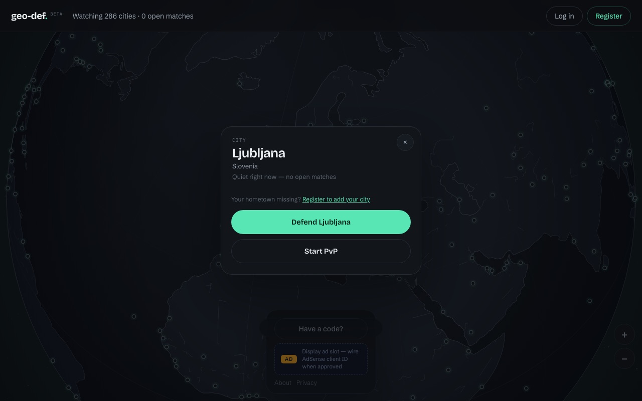 The GEO-DEF globe lobby with Ljubljana selected, showing the city panel with Defend and Challenge a friend options.