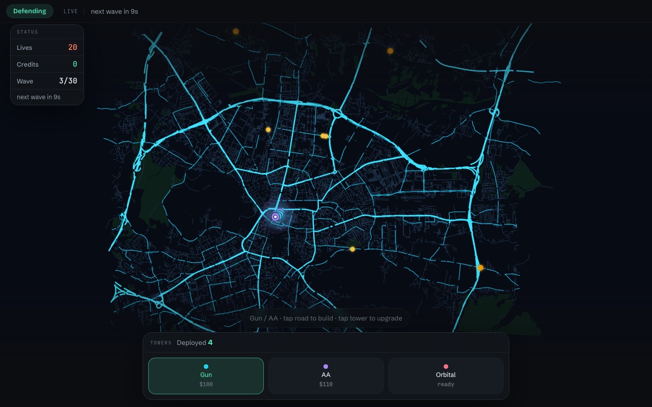 A GEO-DEF match in progress on the Ljubljana street network, showing the status panel, attackers approaching, and the tower deck.
